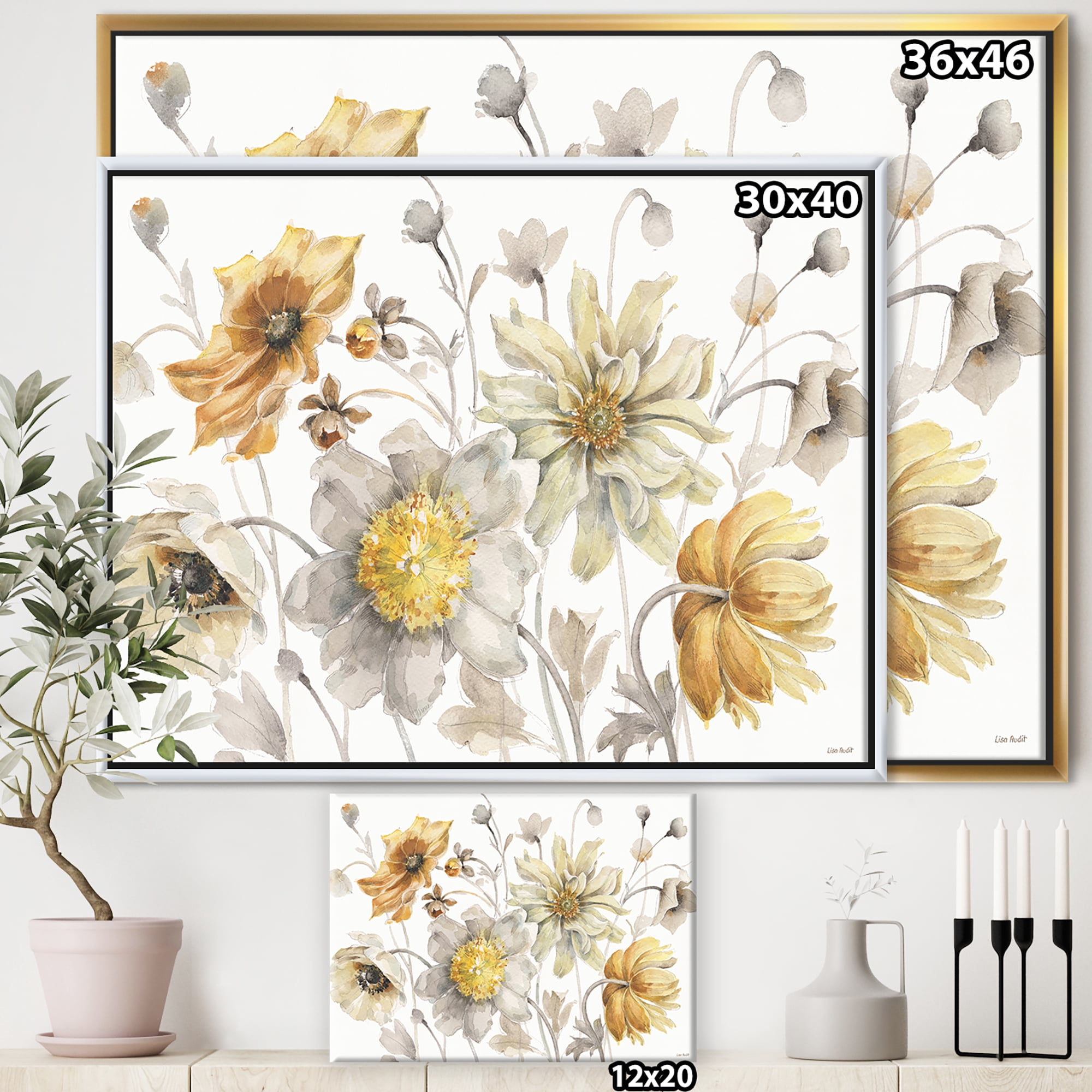 Designart ' Fields of Gold Watercolor Flower VII ' Traditional Framed Canvas
