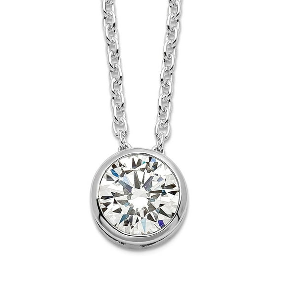 925 Sterling Silver Solid Bezel Polished Cubic Zirconia Pendant on Chain Necklace 18 Inch Spring-Ring 8mm Wide Chain Nec