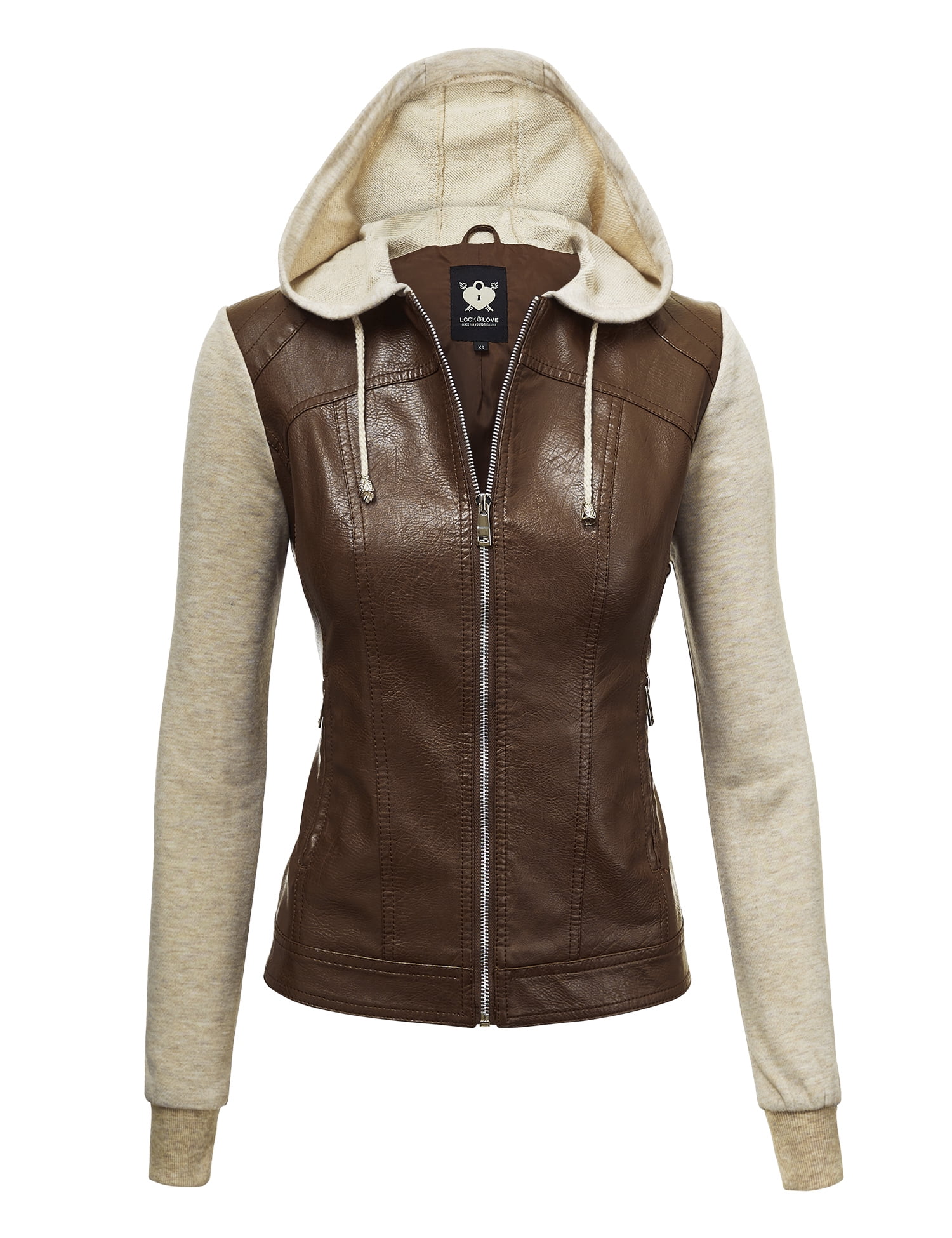 Mbj Wjc1347 Womens Faux Leather Zip Up Moto Biker Jacket With Hoo L Coffee Oatmeal