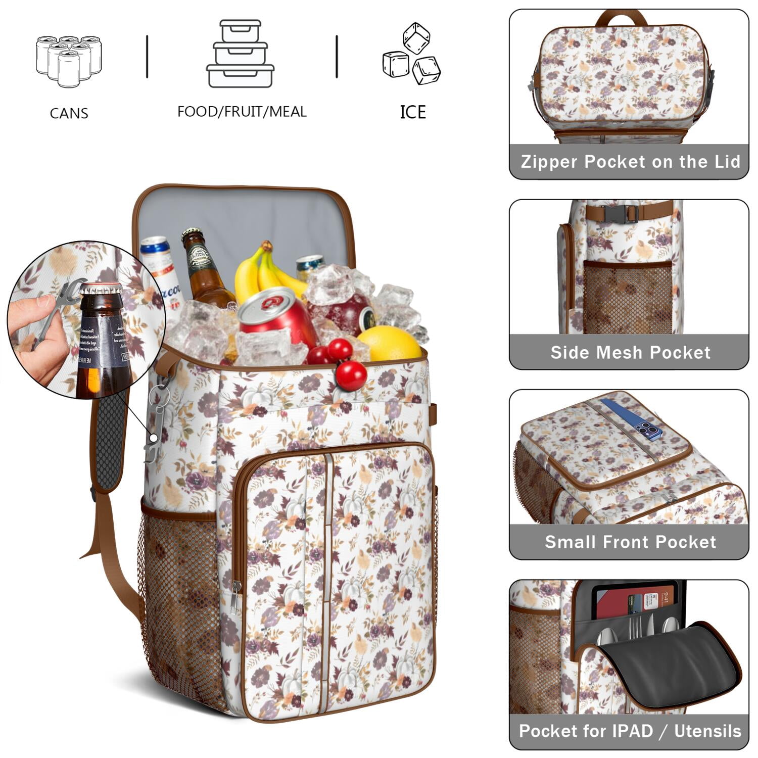 Travel Cooler Bag - Pioneer Flower Floral Print Pattern Camping Beer Cooler Backpack with Bottle Opener- Waterproof Insulated Picnic Backpacks - Cooler Bag for Beach