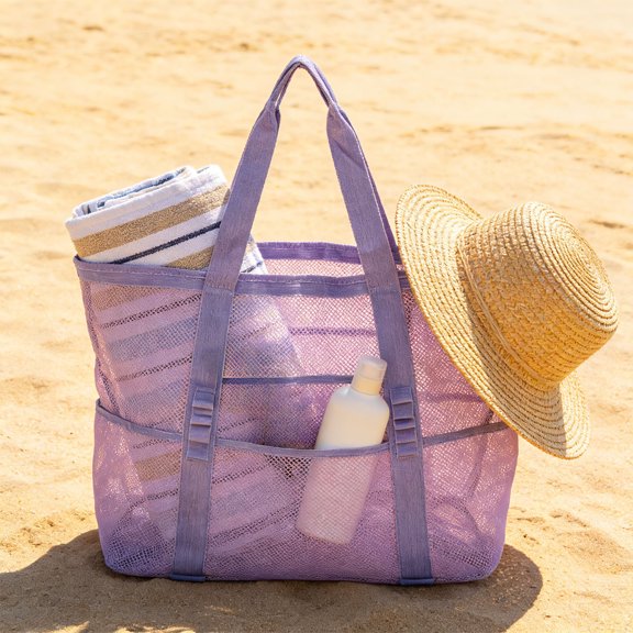 Mesh Beach Bag, Large Beach Tote Bags for Women Foldable Mesh Swimming Pool Bag with Mini Pockets - Sandproof, Waterproof