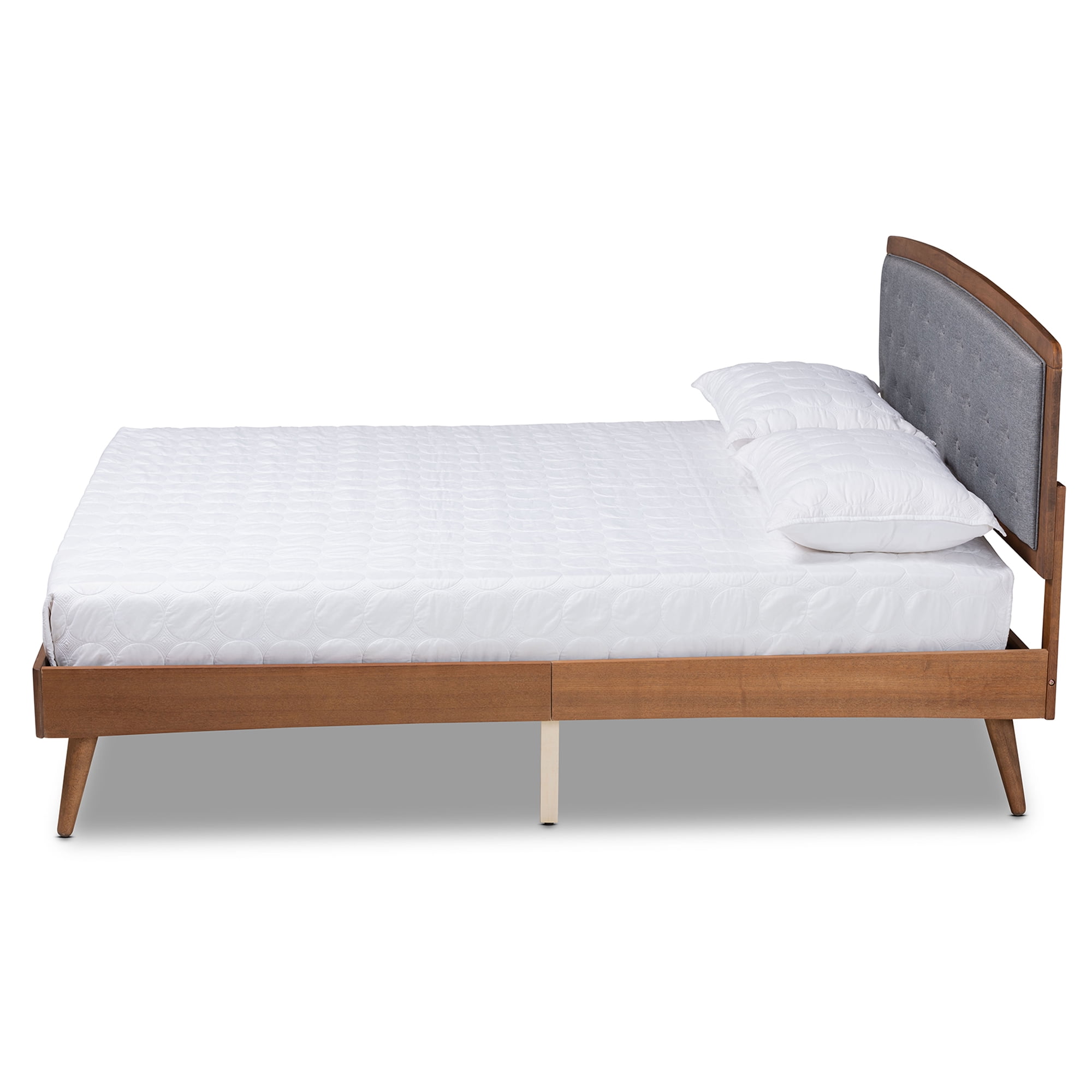 Baxton Studio Ratana Mid-Century Modern Transitional Grey Fabric Upholstered and Walnut Brown Finished Wood, King Size Platform Bed