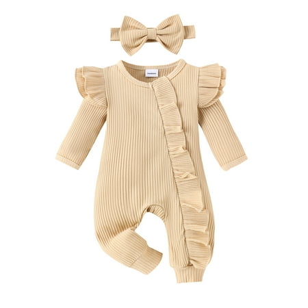 

Niceyoeuk Baby Girl Set Long Sleeve Ruffled Ribbed Romper + Bow Headband