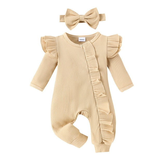 SUNSIOM Baby Girl 2 Piece Outfits, Round Neck Long Sleeve Ruffled Ribbed Romper + 3D Bow Headband Infant Newborn Set for Spring Fall