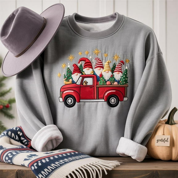 Holiday Christmas Gnomes Embroidery Shirt, Sweatshirt or Hoodies with Red Pickup Truck