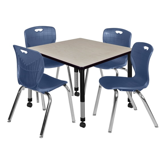 Regency 36 Square Mobile Classroom Table- Maple & 4 4 Andy 18 Stack Chairs- Blue