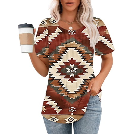 Patlollav Womens Summer Tops Casual Short Short Sleeve T Shirts Floral Print Pleated Tunics Round Neck Work Blouse