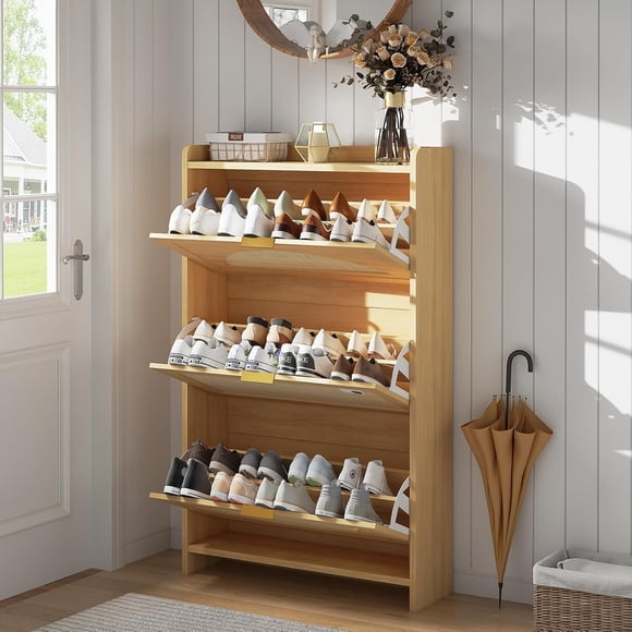 Rattan Shoe Storage Cabinet with 3 Flip Drawers, Free Standing Narrow Shoe Organizer Cabinet with Rattan Doors, Wooden Shoe Rackf for Entryway