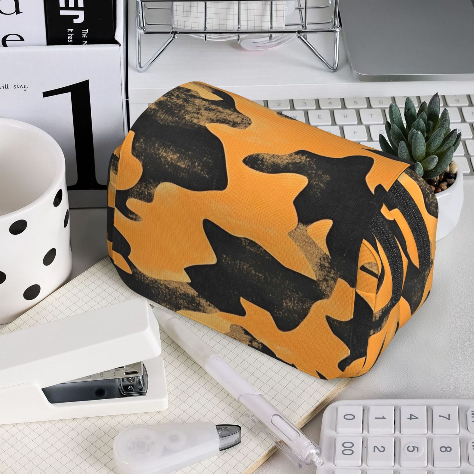 Large-Capacity Flip-Top Double-Layer Pencil Case, Multi-Functional Pocket Pen Case, Durable Stationery Organizer Texture Camo Army Orange_3