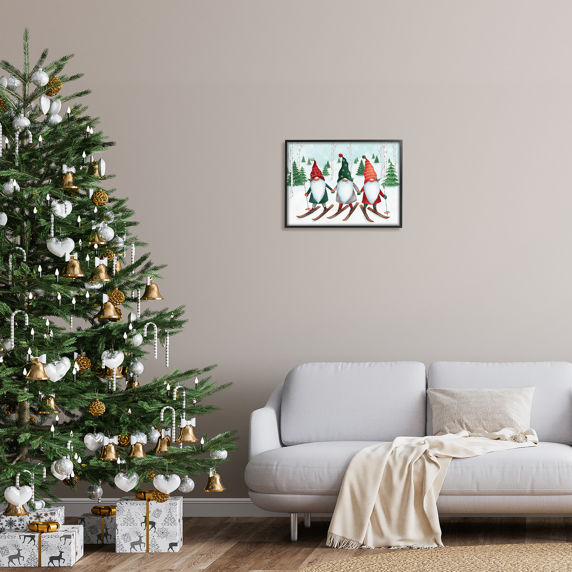 Stupell Industries Gnome Trio Skiing Holiday Painting Black Framed Art Print Wall Art, 20 x 16