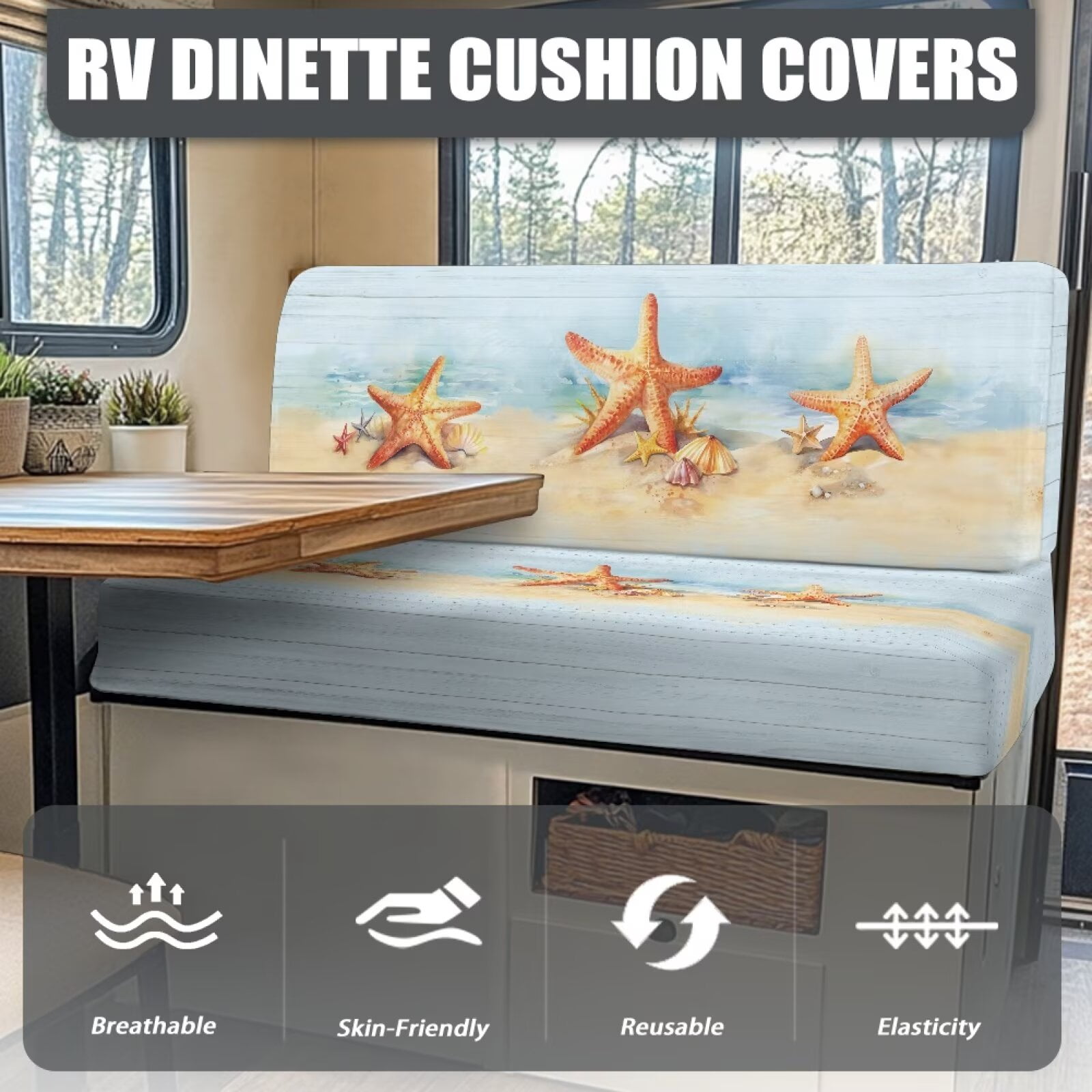 Uorisanigo 2 Pcs RV Dinette Cushion Covers Washable Beach Starfish RV Dinette Seat Covers Stretch Sofa Seat Slipcovers Easy to Install Machine Washable(1 Bench & 1 Backrest Cover)