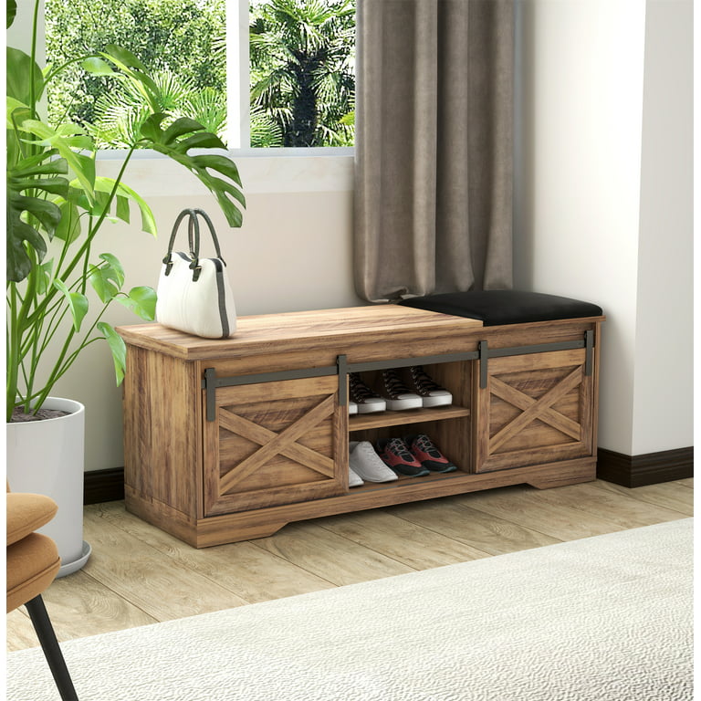 Entryway Storage Bench, Modern Farmhouse Storage Cabinets with Sliding X  Barn Doors and Open Shelf, Shoe Bench Sideboard with Smooth Surface for  Living Room Door Way, Brown 