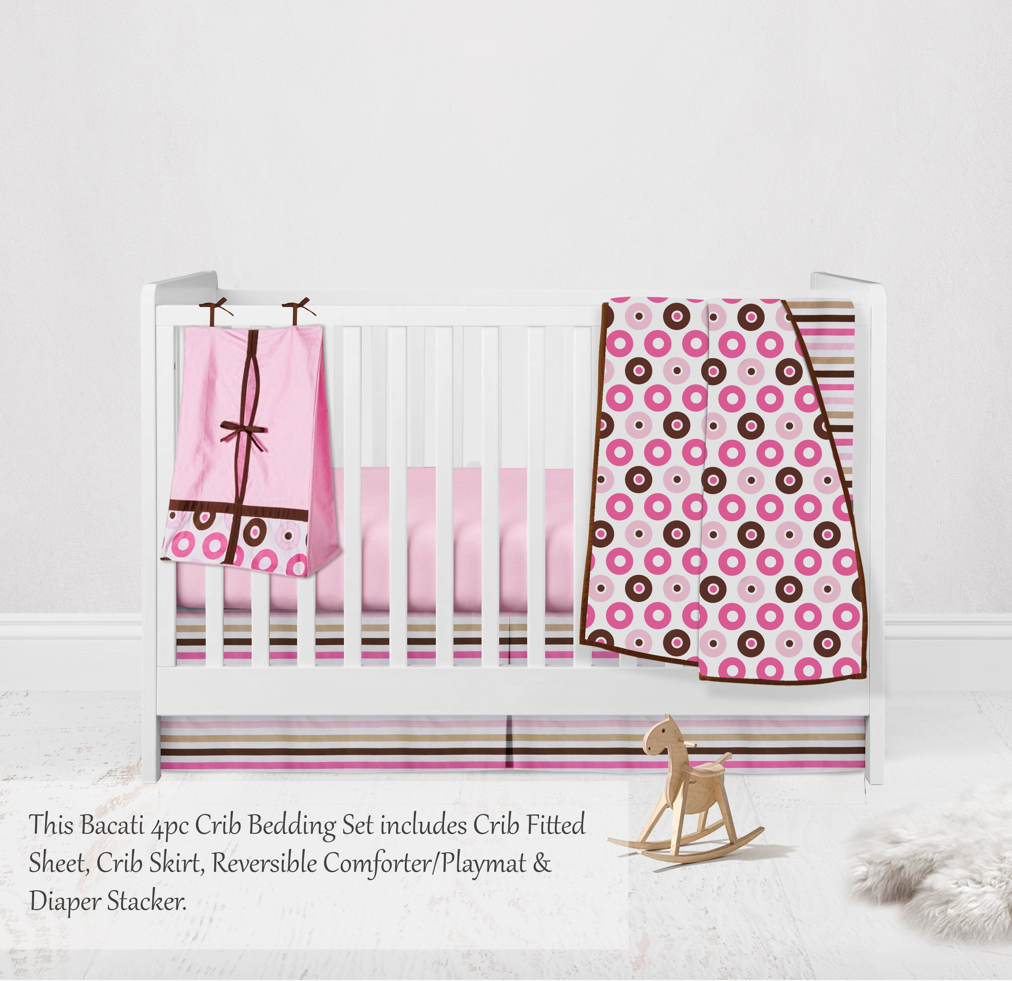 Bacati - Mod Dots Stripes 4-Piece Crib Bedding Set with Diaper Stacker - Pink/Beige/Chocolate Girls