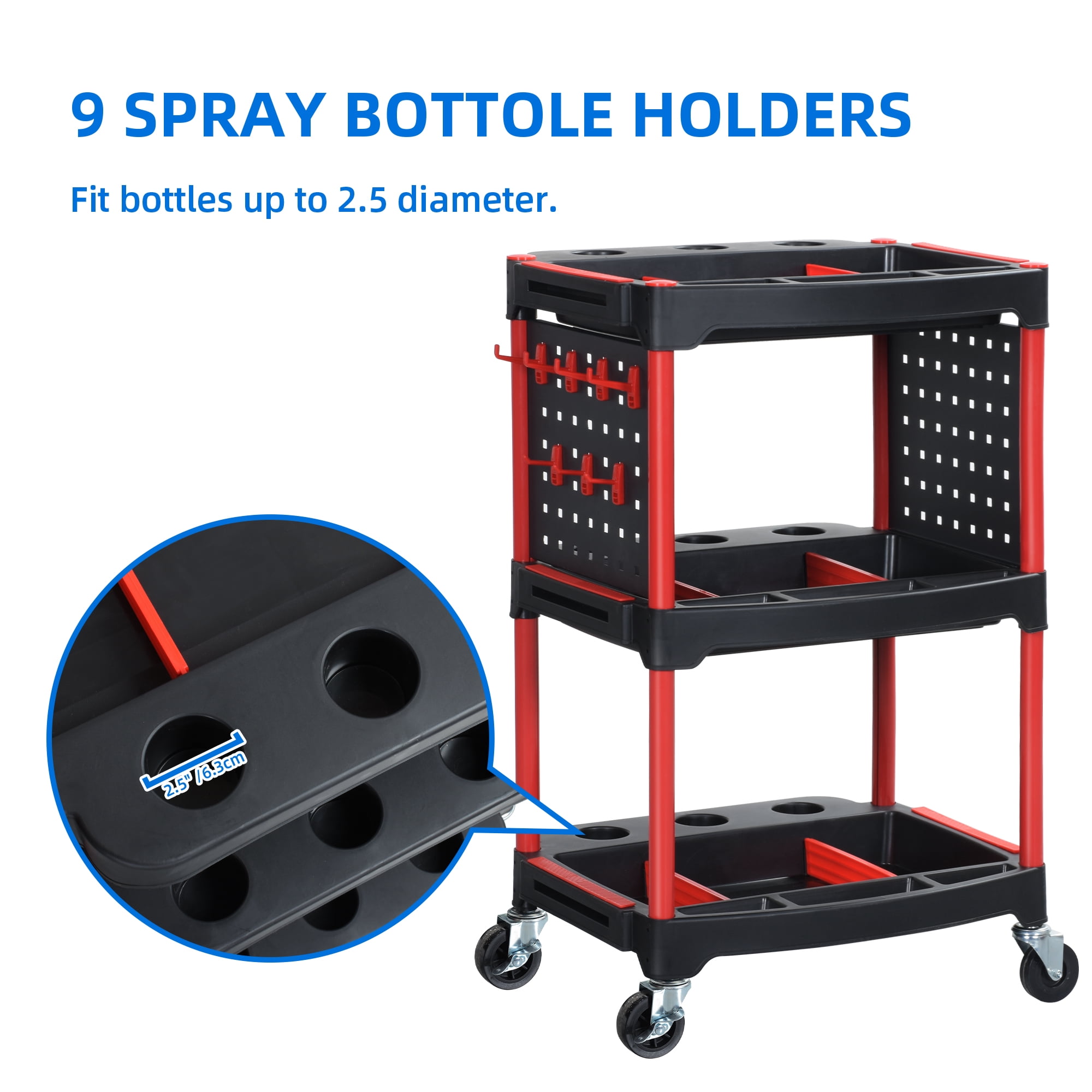 Uforic 3 Tier Rolling Detail Cart with Hanging Plate & Hooks, Car Wash Organizer Cart, Black