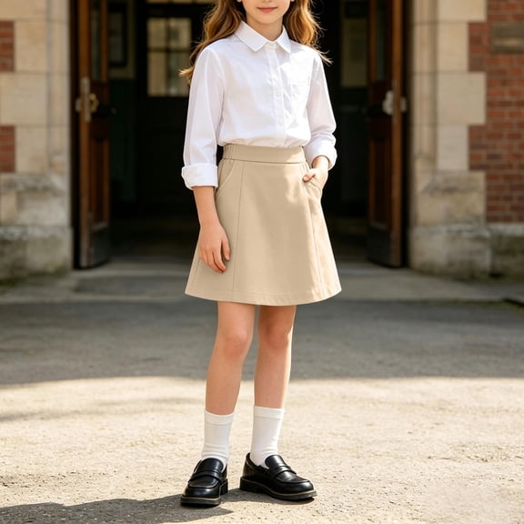 Girls' School Pleated High Waist Stretch Sports Casual Skirt With Pockets Suitable(Beige,11-12 Years)