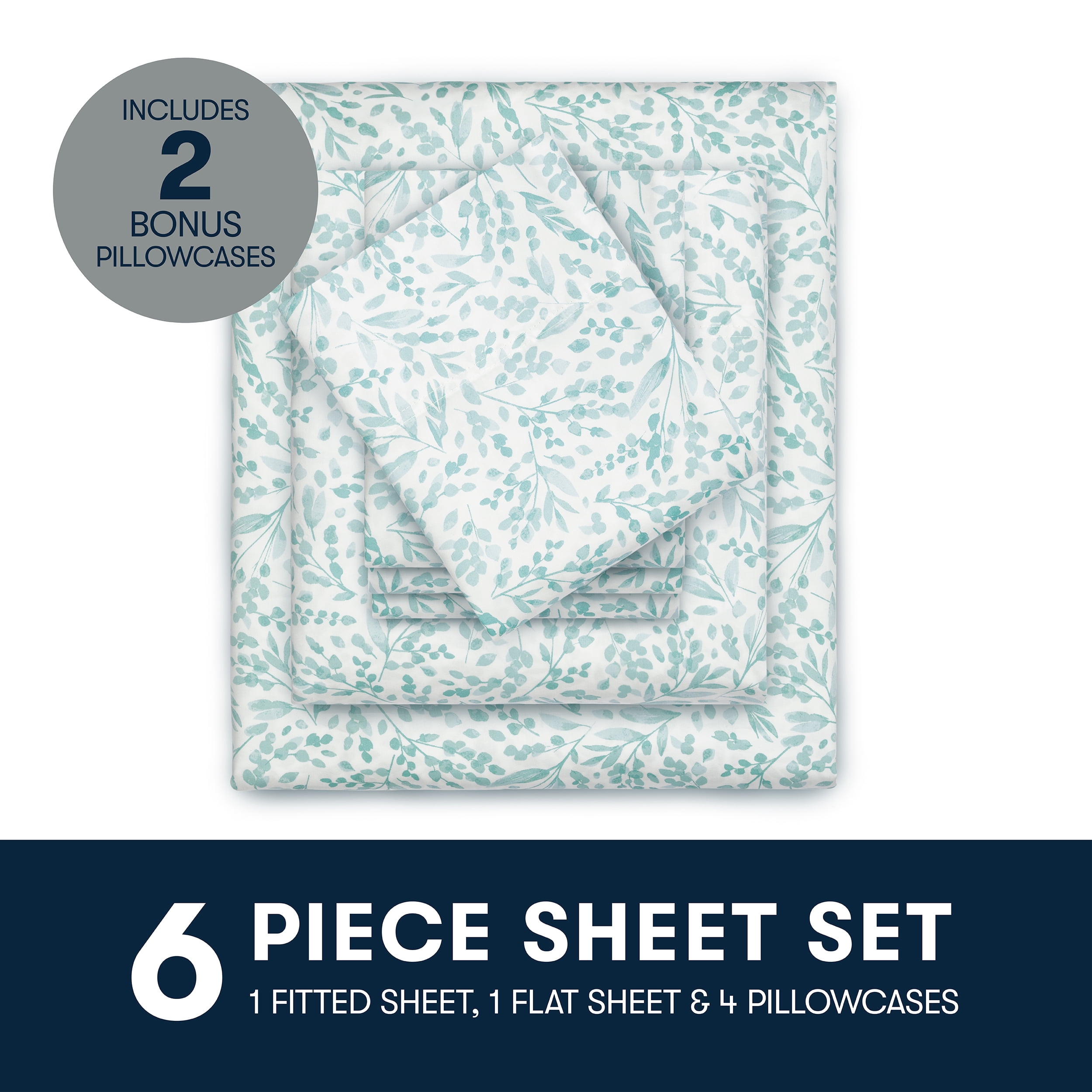 Serta 6-Piece 800 Thread Count Blue Botanical Cotton Rich Adult Bed Sheet Set, King - Deep Pocket