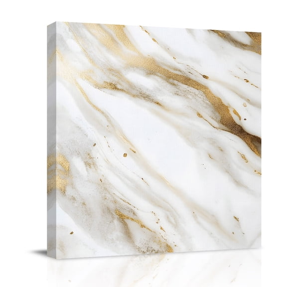 Canvas Wall Art, Abstract White Gold Framed Canvas Prints for Bedroom Office, Simple Marble Geometric Large Gallery Wrapped Wall Decor for Home Office, Gifts, 16"x16" Ship Next Day
