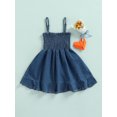 thumbnail image 4 of Baby Girls Casual Summer Dress Solid Color Off-the-shoulder Spaghetti Strap Denim Dress, 4 of 8