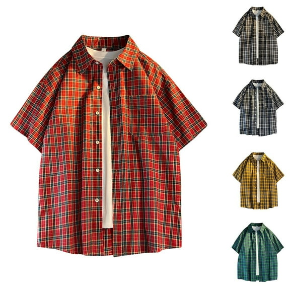 KeShDi Flannel Shirts Men's Lapel Short Sleeved Plaid Top Shirt Short Sleeved Lapel Top/shirt Black 2X