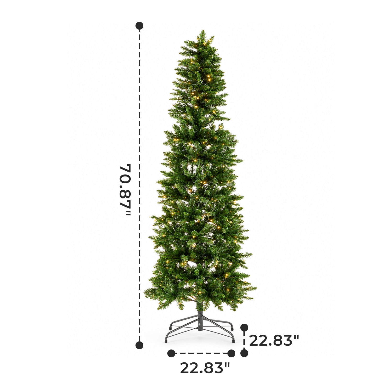 Alvantor Prelit Pencil Christmas Tree, 250 Warm White LEDs, Metal Stand, Small Spaces, Green 6FT