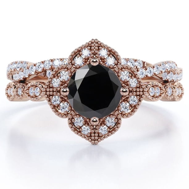 JeenMata Anillo Nupcial con Diseño Floral Milgrain Art Déco de 1,5 Quilates en Forma Redonda, Creado en Laboratorio, con Pavé Cruzado de Moissanita y Diamantes Negros Engastados en Plata
