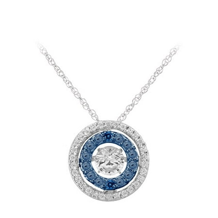 Blue Diamond Halo with Dancing Created White Sapphire Sterling Silver Pendant, 18 Box Chain