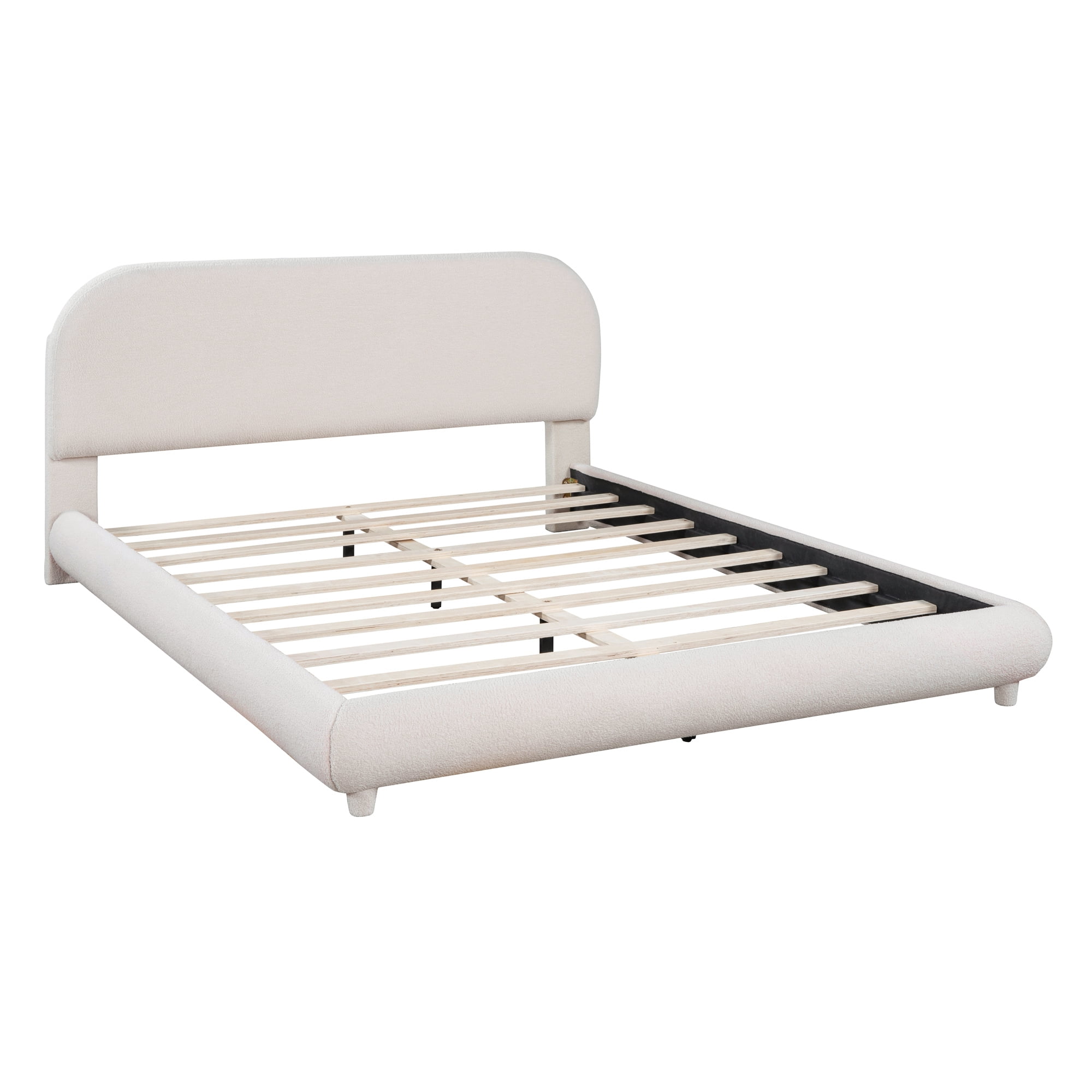 Harper & Bright Designs Teddy Fleece Queen Platform Bed with Thick Fabric, Queen Size Platform Bed Frame with Curve Upholstered Headboard, Beige