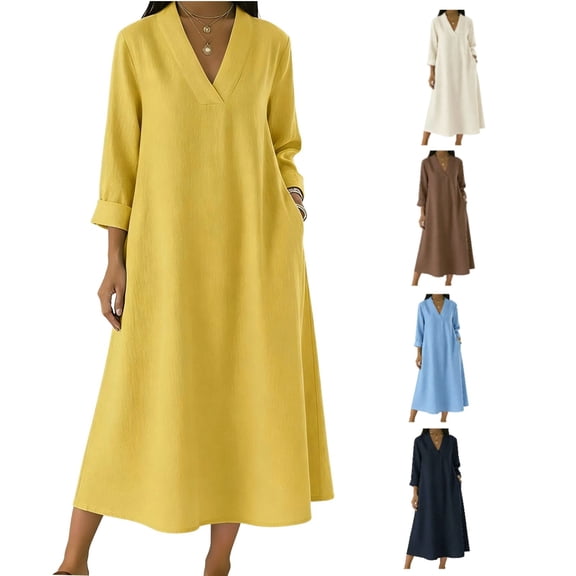 Womens Solid Color Maxi Dresses Casual Loose Fit V Neck 3/4 Sleeve A Line Linen Long Dress Yellow