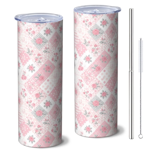 Pioneer Flower Floral Print Pattern 20oz Skinny Tumbler with Straw & Lid, Double Wall Vacuum Insulated Cup, Leak-Proof, Cup Holder Friendly, Hot 6H Cold 12H