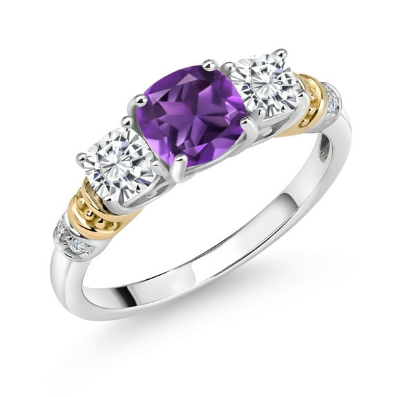 Gem Stone King 925 Silver and 10K Yellow Gold Purple Amethyst and White Moissanite and Diamond 3-Stone Ring for Women (1.64 Cttw, Gemstone February Birthstone, Cushion 6MM and 4MM, Size 5)