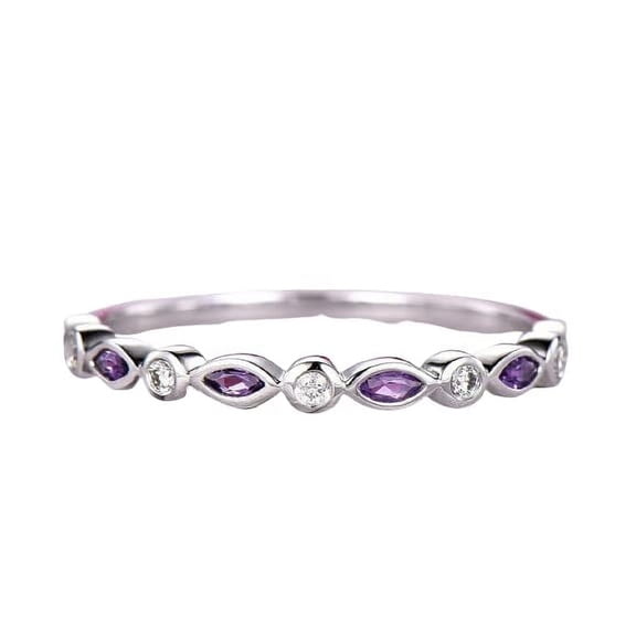 HeartsAndYou 1ct Natural Amethyst & Diamond Wedding Band Anniversary 14k SOLID White Gold