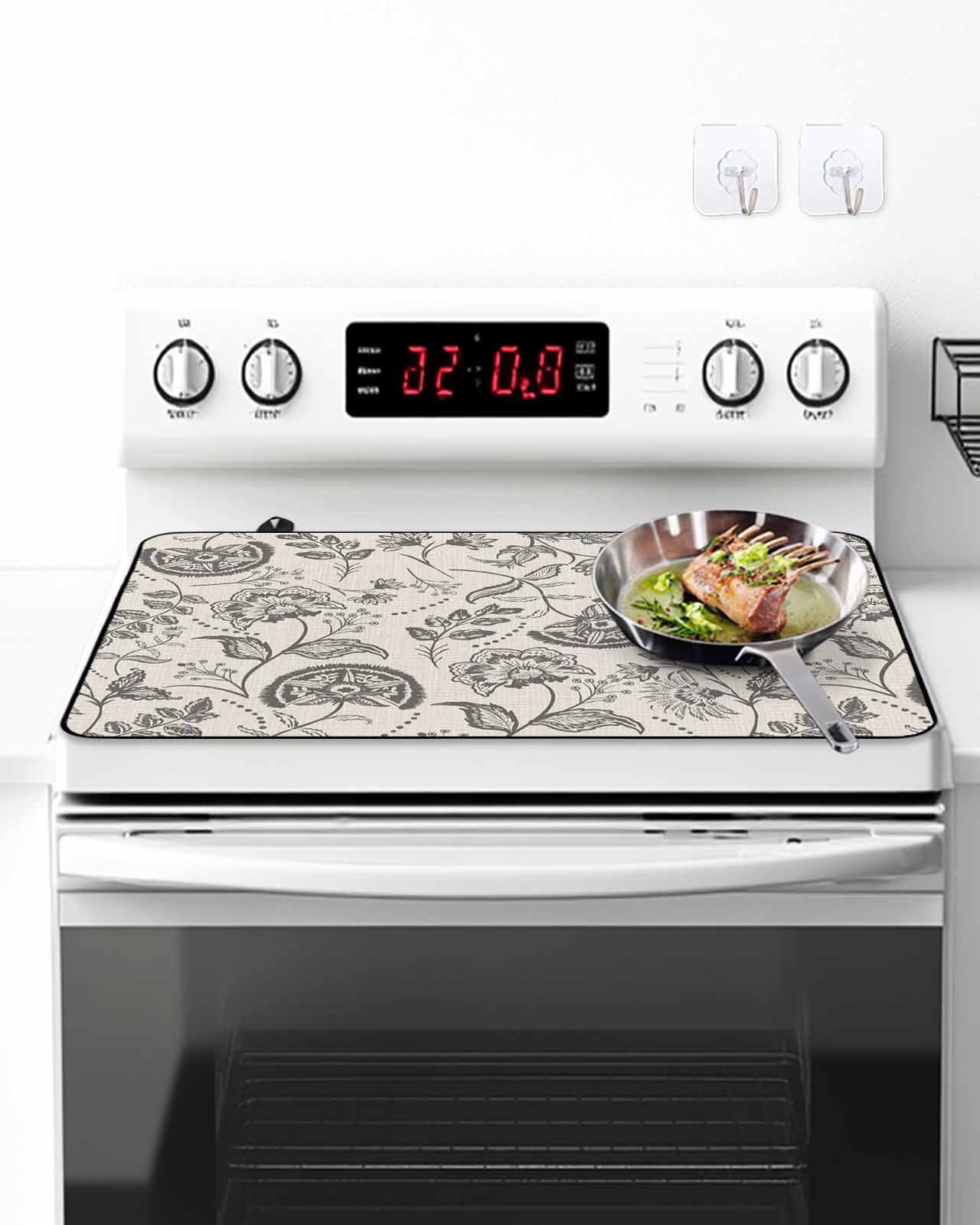 Stove Top Covers for Electric Stove, Grey Paisley Glass Stovetop Cover Protector, Boho Flower Botanical Leaf Branch Induction Cooktop Protector Oven Mat for Kitchen Countertop 24"x21"