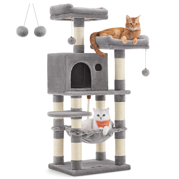 Cat Tree 44.1-Inch Cat Tower for Indoor Cats, Multi-Level Cat Condo with 11 Scratching Posts, 2 Perches, Cave, Hammock, Light Gray