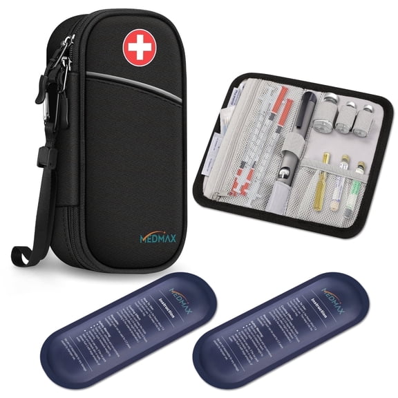 MEDMAX Insulin Cooler Travel Case with 2 Ice Packs, Water-Resistant Insulated Diabetic Medication Organizer Bag with Extra Pouch for Insulin Pens and Supplies, Black