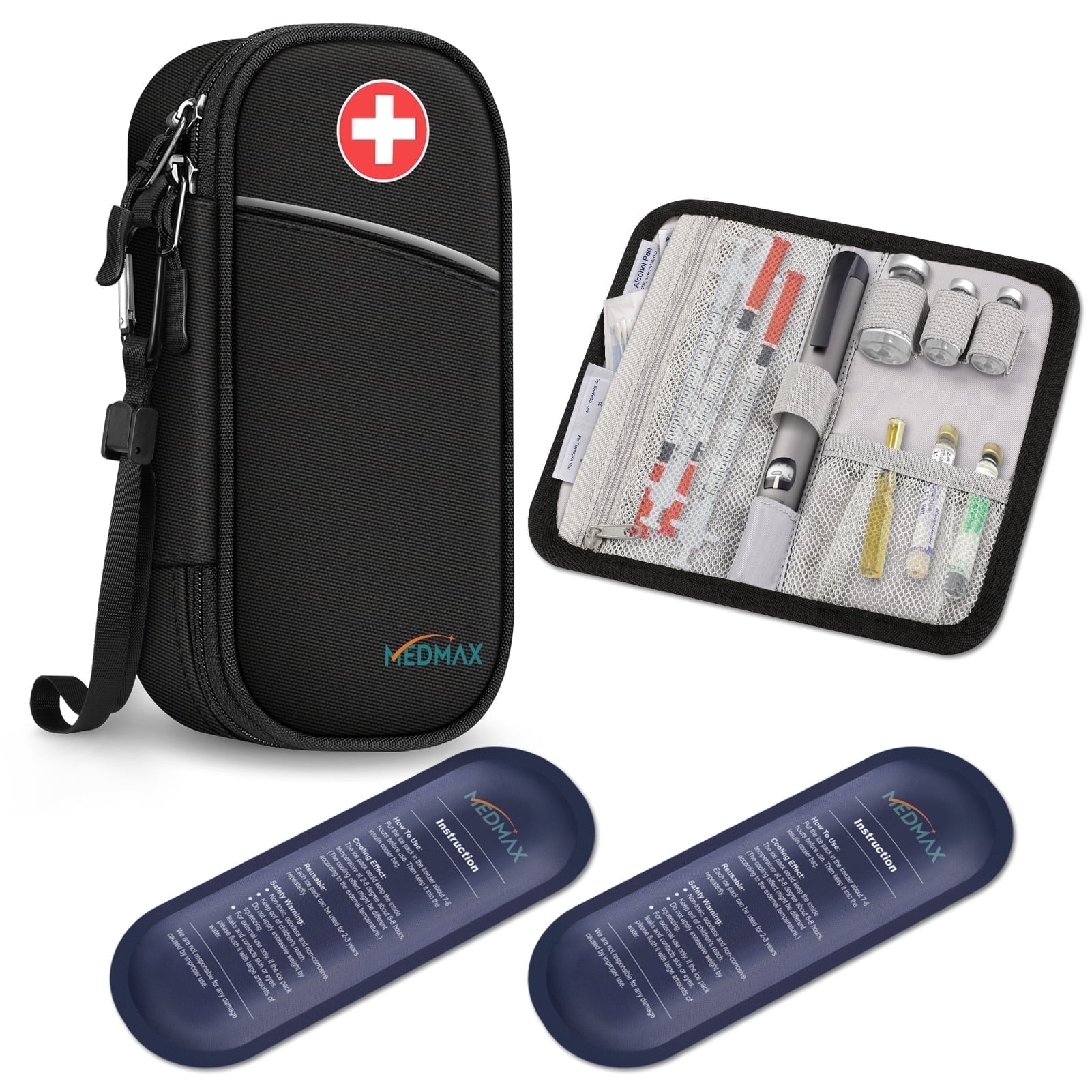 MEDMAX Insulin Cooler Travel Case with 2 Ice Packs, Water-Resistant Insulated Diabetic Medication Organizer Bag with Extra Pouch for Insulin Pens and Supplies, Black
