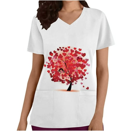 

JWZUY Heart Printed Scrub Top Women Nurse Uniform V Neck Working Uniform Funny Shirt Holiday with Pockets Workwear Summer Short Sleeve Blouses Pullover T-Shirts Tshirts Tee Shirt (White XL)