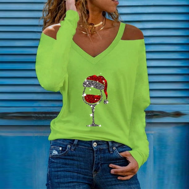 ICHUANYI Clearance Fashion Woman V-Neck Long Sleeve T-Shirt Christmas Printing Cold Shoulder Loose Blouse Tops(Green, L) ICHUANYI WER2023081505478
