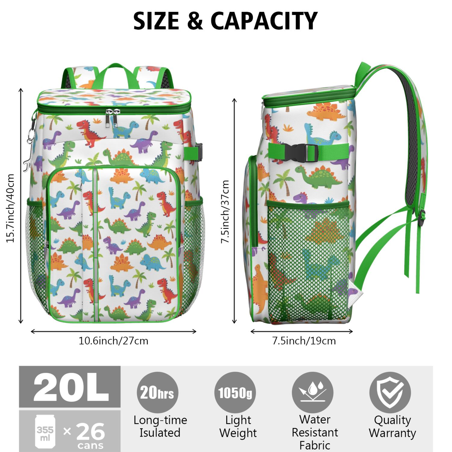Travel Cooler Bag - White Dinosaurs Colorful Species Palms Pattern Camping Beer Cooler Backpack with Bottle Opener- Waterproof Insulated Picnic Backpacks - Cooler Bag for Beach