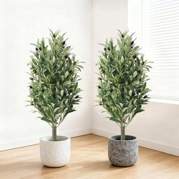 Realistic Artificial Olive Trees Set of 2 – 3FT Faux Black Olive Shrubs with Planters, UV Resistant, Maintenance-Free Potted Greenery for Indoor Outdoor Home, Office, Patio, Wedding, Holiday Décor