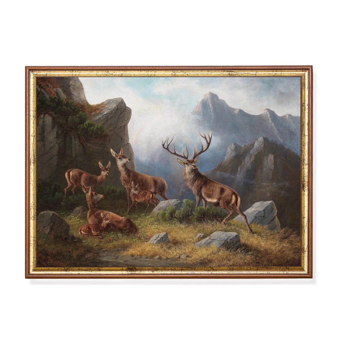 Vintage Deer Family Wall Art Rustic Mountain Scene Living Room And Gallery Wall Decor