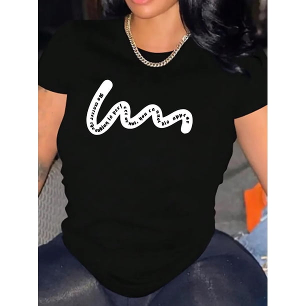 Chic Abstract Letter Print Women's T-Shirt - Casual Crew Neck, Short Sleeve, Stretchy Polyester Blend, Machine Washable - Perfect for Summer & Everyday Fashion