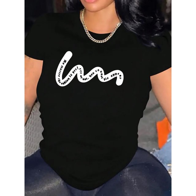 Camiseta elegante con estampado de letras abstractas para mujer. Cuello redondo informal, manga corta, algodón elástico, lavable a máquina. Perfecta para verano, moda diaria y uso informal.