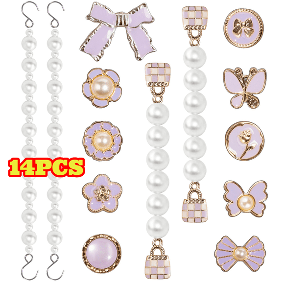 14pcs Cute Shoe Charms for Women Girls, Pearl Flower Shoe Charms, Purple Luxury Jewelry