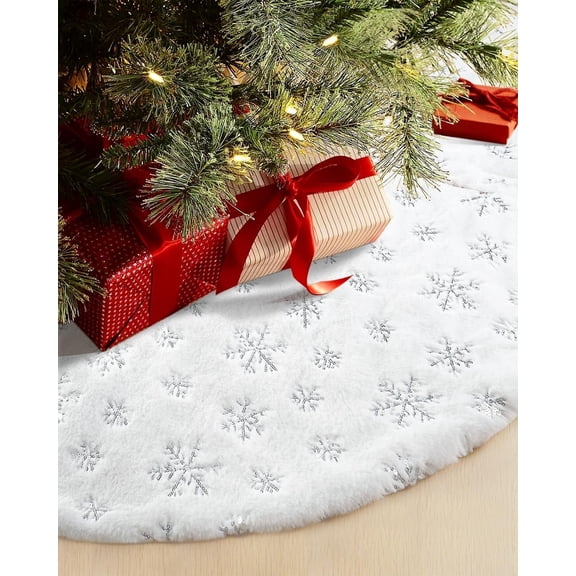 Ayieyill Christmas Tree Skirt, 36 Inches Faux Fur White Christmas Tree Skirt for Christmas Tree Decorations Xmas Tree Skirt (Snowflake)