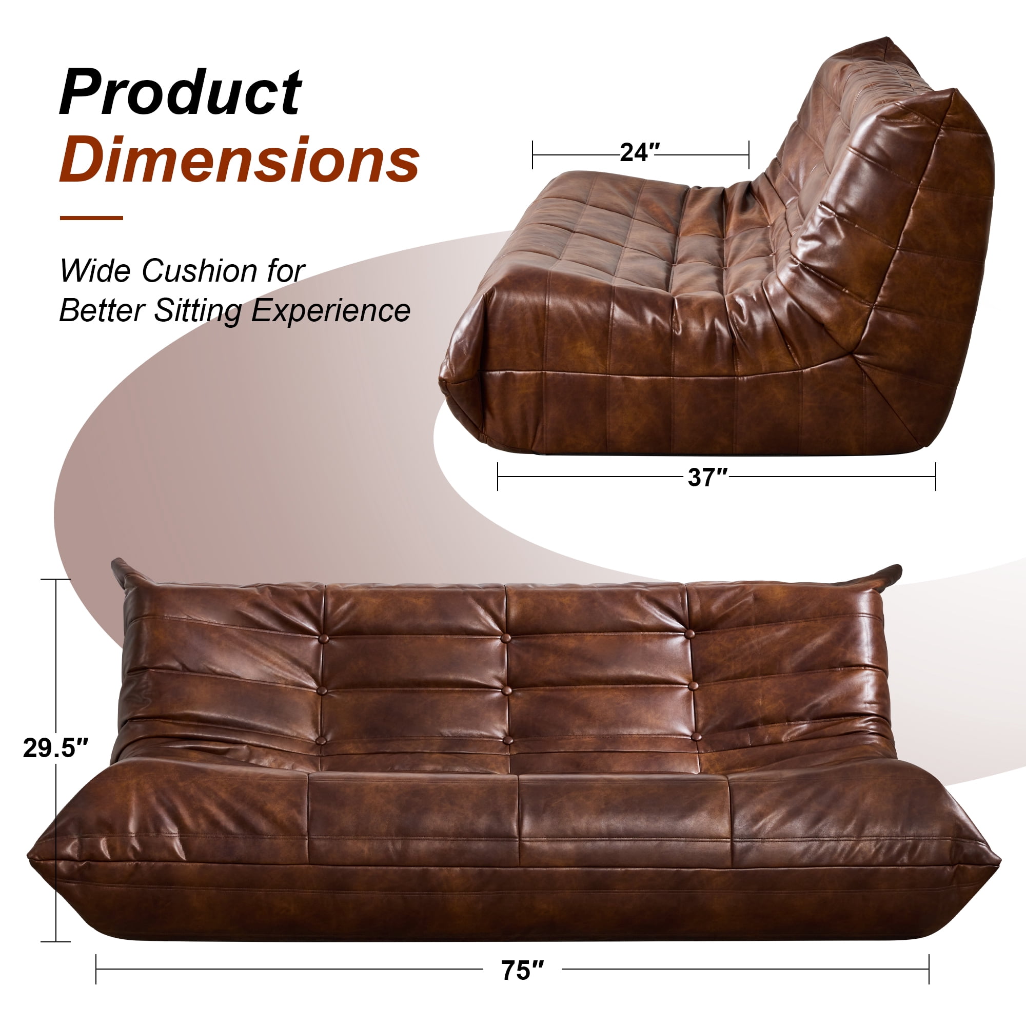 Hobestluk Bean Bag Chair Giant Bean Bag Sofa 3 Seater Bean Bag Chairs for Adults, Loveseat Floor Chair, Leather Bean Bag Chairs for Living Room Bedroom Office (Brown, 3-Seater)