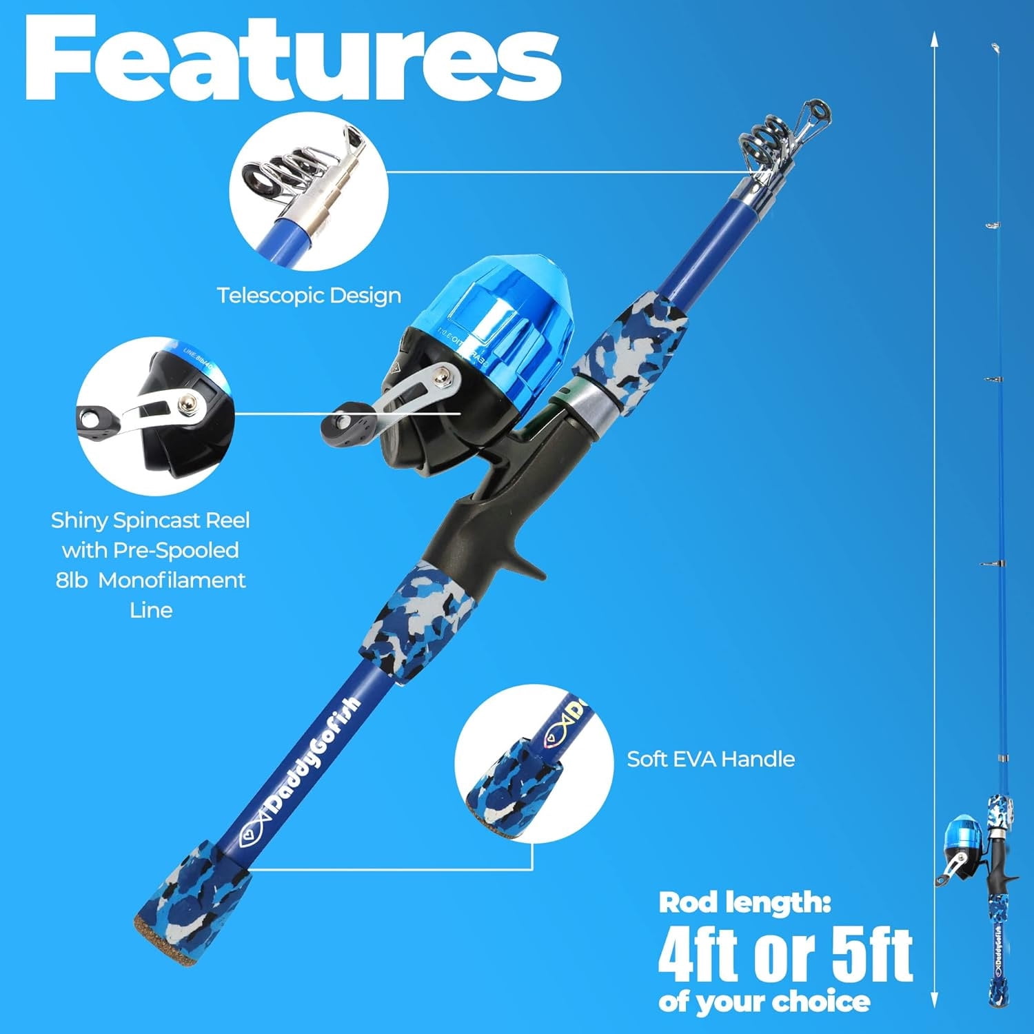 DaddyGoFish Kids Fishing Pole - Rod Reel Combo Tackle Box Starter Set - First Year Small Gear Kit for Boys Girls Toddler Youth Age Beginner Little Children (Essential Set, Blue + Blue, 4ft)