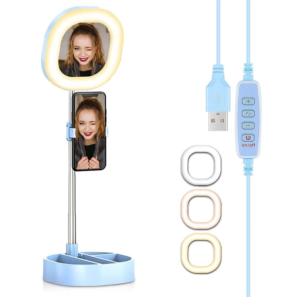 Anillo de luz LED Luz de relleno plegable con soporte para teléfono móvil con espejo, 3 modos de color y 10 anillos de luz de brillo para transmisión de video en vivo Maquillaje Fotografía Carga USB Fokelyi 2035928-3