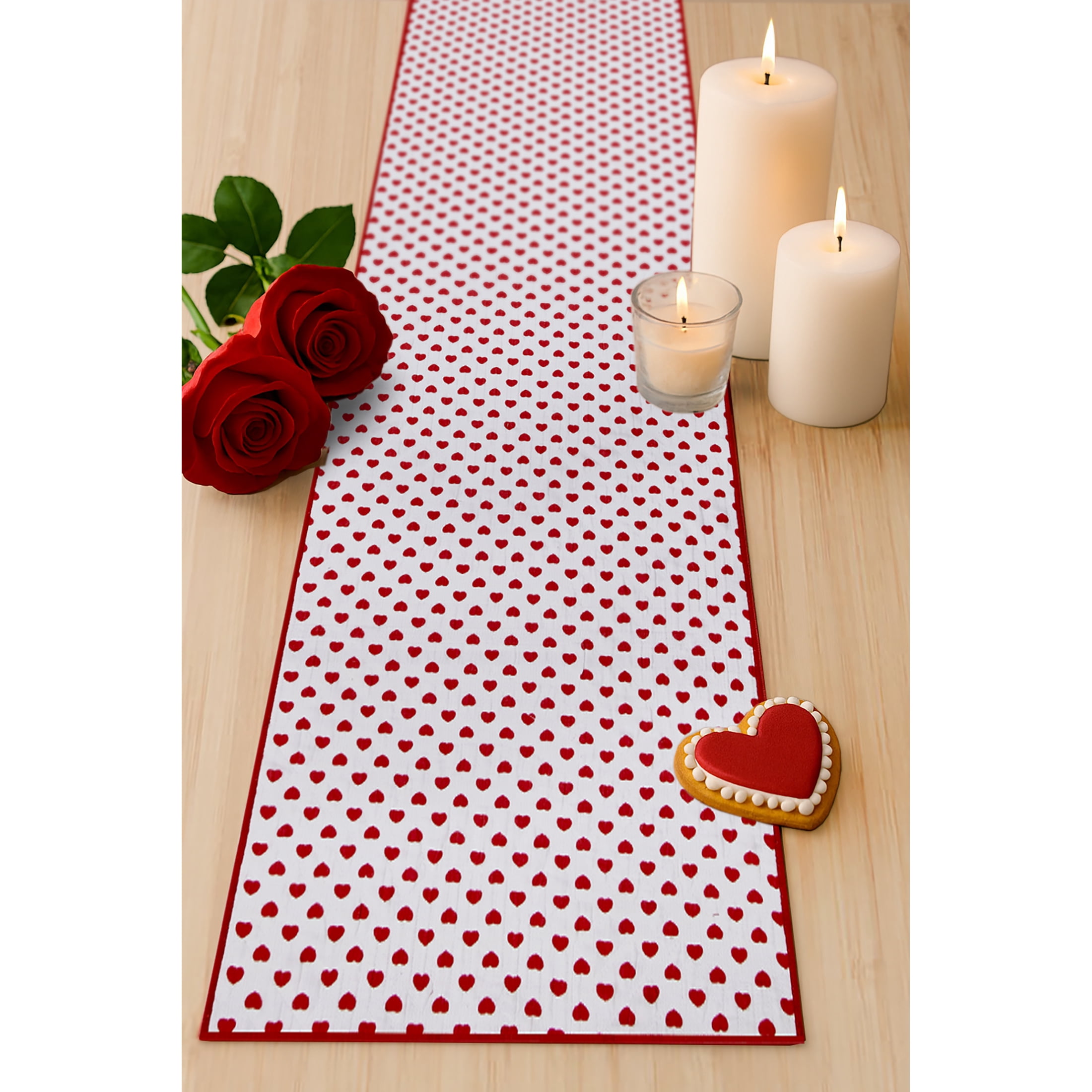 Reversible Hearts Table Runner - 14" x 90" - 100% Cotton, Red & Ivory