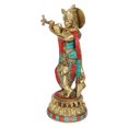 thumbnail image 4 of Wgloryind Brass Lord Krishna Statue Playing Flute On Round Double Lotus Base Multicolor Gemstone Handwork Sculpture Home Decor for Living Room Pooja Gift Item, 4 of 5