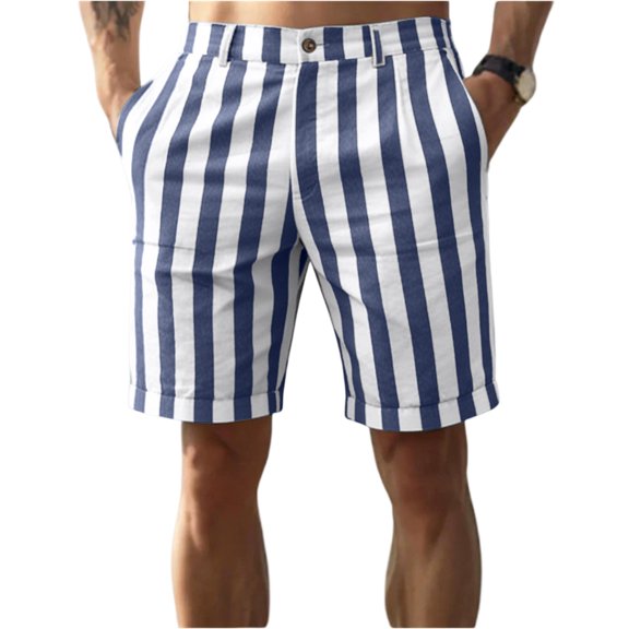 Domzle Mens Striped Casual Shorts Summer Beach Elastic Button Waist Dress Shorts with Pockets Dark Blue L